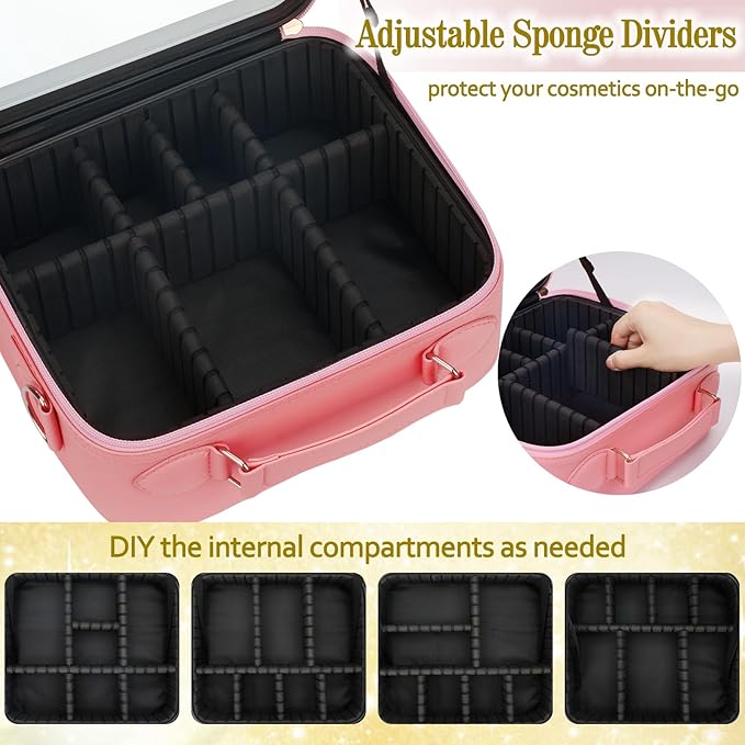 Pink cosmetic case with adjustable black sponge dividers for organizing makeup.