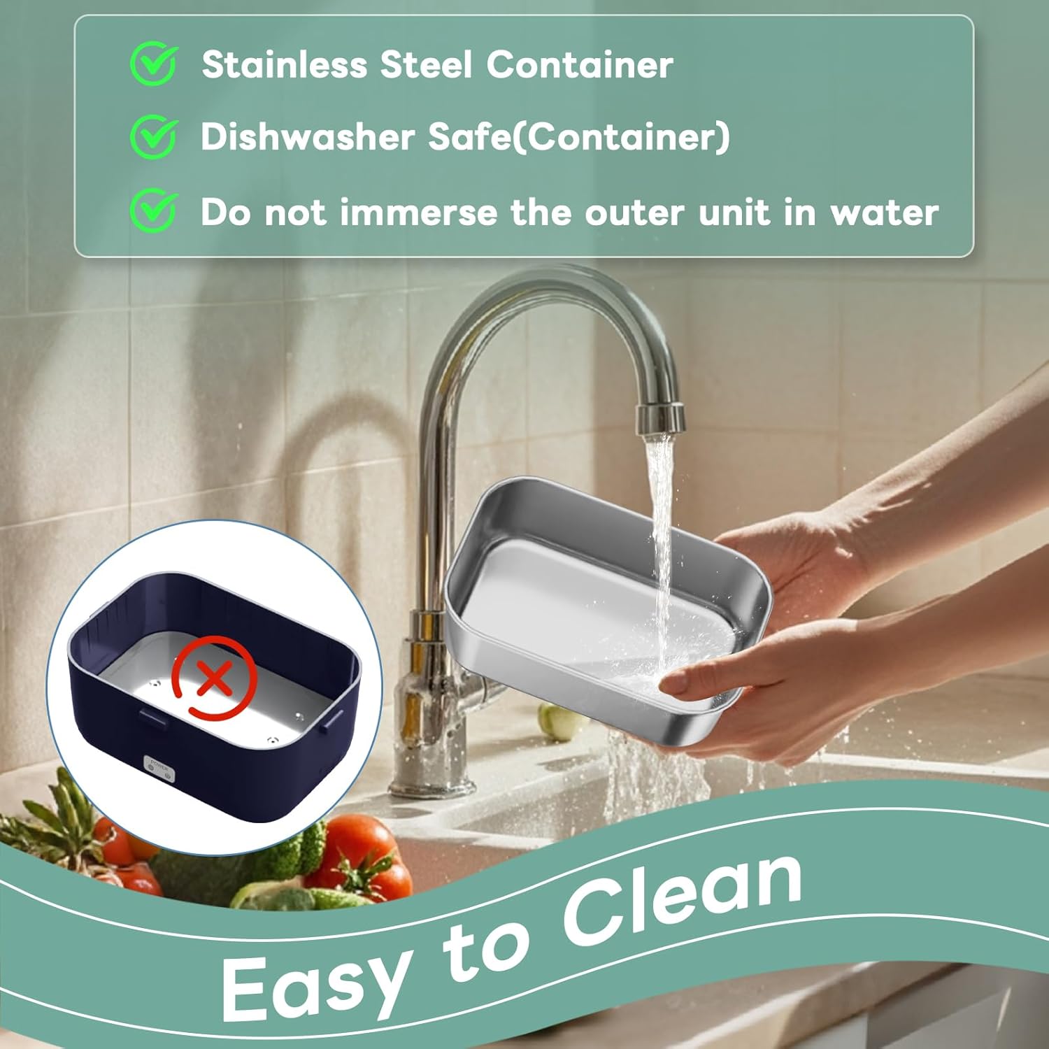 Person washing a stainless steel container under running water in a kitchen sink with text indicating features and cleaning instructions.