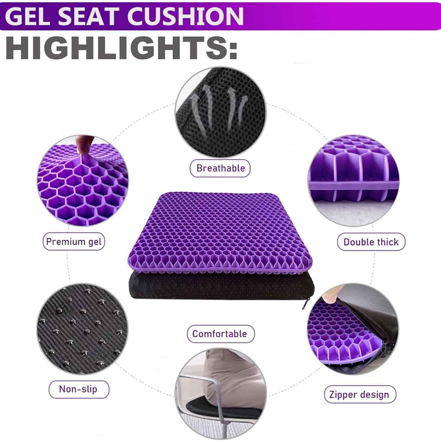 Purple gel seat cushion with features highlighted on a white background