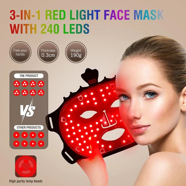 3-in-1 red light face mask with 240 LEDs on a beige background