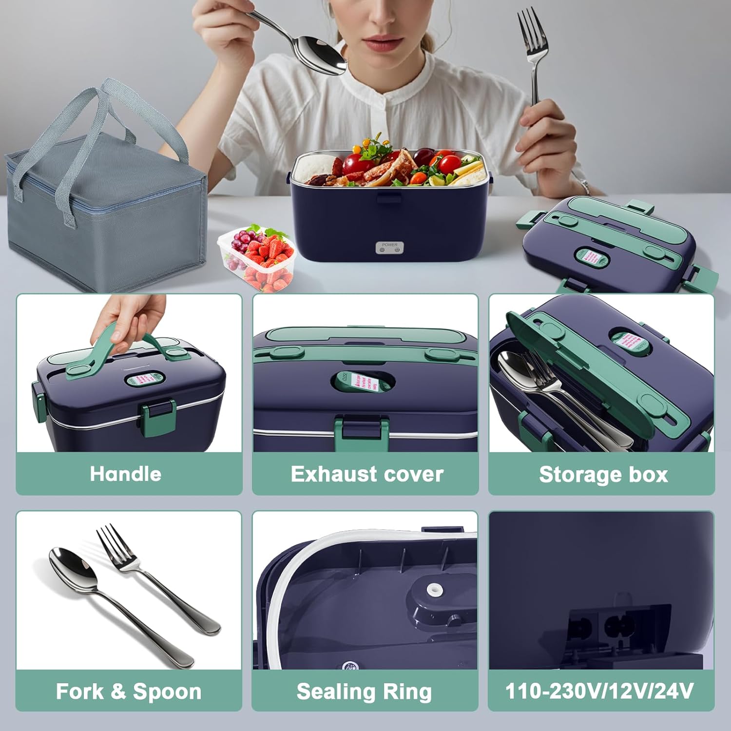 Multifunctional lunch box with various components and a person using it.