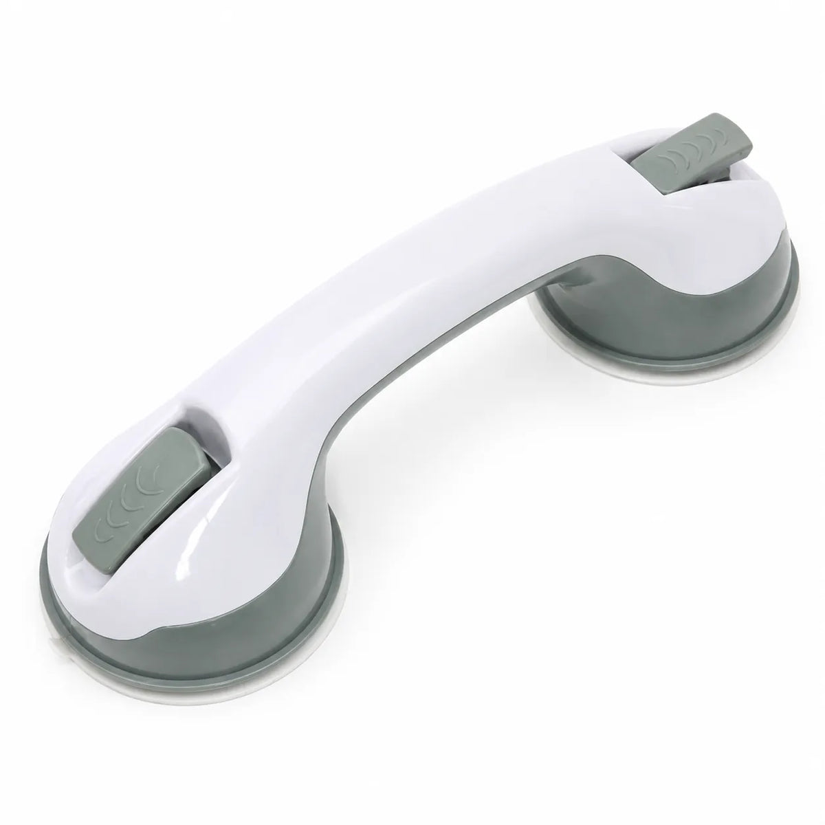 A white and gray wall-mounted suction cup shower handle with two suction cups and adjustable gray knobs, shown on a clean white background.
