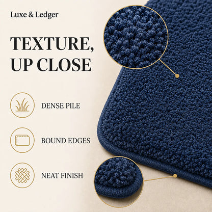 Close-up promotional graphic of a dark navy textured rug or mat with circular inset detail views showing the pile and edge finish. Text on a beige background reads 'Luxe & Ledger' and 'TEXTURE, UP CLOSE' with feature icons for dense pile, bound edges, and neat finish.