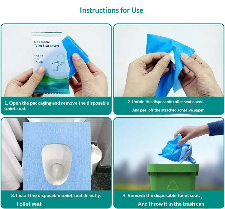 Instructions for using disposable toilet seat covers with step-by-step images.