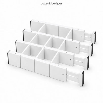 White modular wall organizer shelves with a 3x4 grid design, shown partially pulled out on a clean white background. Text at the top reads 'Luxe & Ledger'.