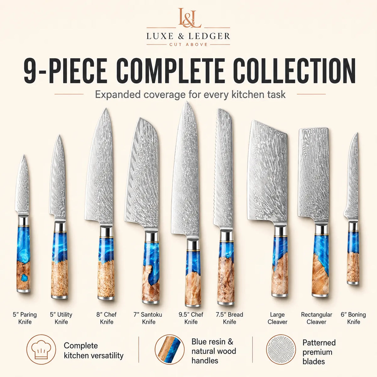 A promotional graphic for the Luxe & Ledger 9-piece complete kitchen collection, showing ten knives of different sizes with patterned and satin steel blades and blue-and-brown wood-resin handles on a light beige background with descriptive text and icons.