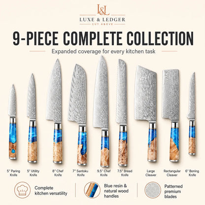 A promotional graphic for the Luxe & Ledger 9-piece complete kitchen collection, showing ten knives of different sizes with patterned and satin steel blades and blue-and-brown wood-resin handles on a light beige background with descriptive text and icons.