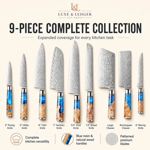 A promotional graphic for the Luxe & Ledger 9-piece complete kitchen collection, showing ten knives of different sizes with patterned and satin steel blades and blue-and-brown wood-resin handles on a light beige background with descriptive text and icons.