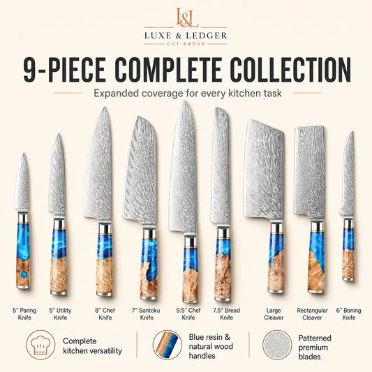 A promotional graphic for the Luxe & Ledger 9-piece complete kitchen collection, showing ten knives of different sizes with patterned and satin steel blades and blue-and-brown wood-resin handles on a light beige background with descriptive text and icons.