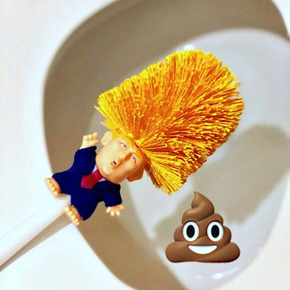 Toilet brush with a character head and poop emoji on a toilet bowl