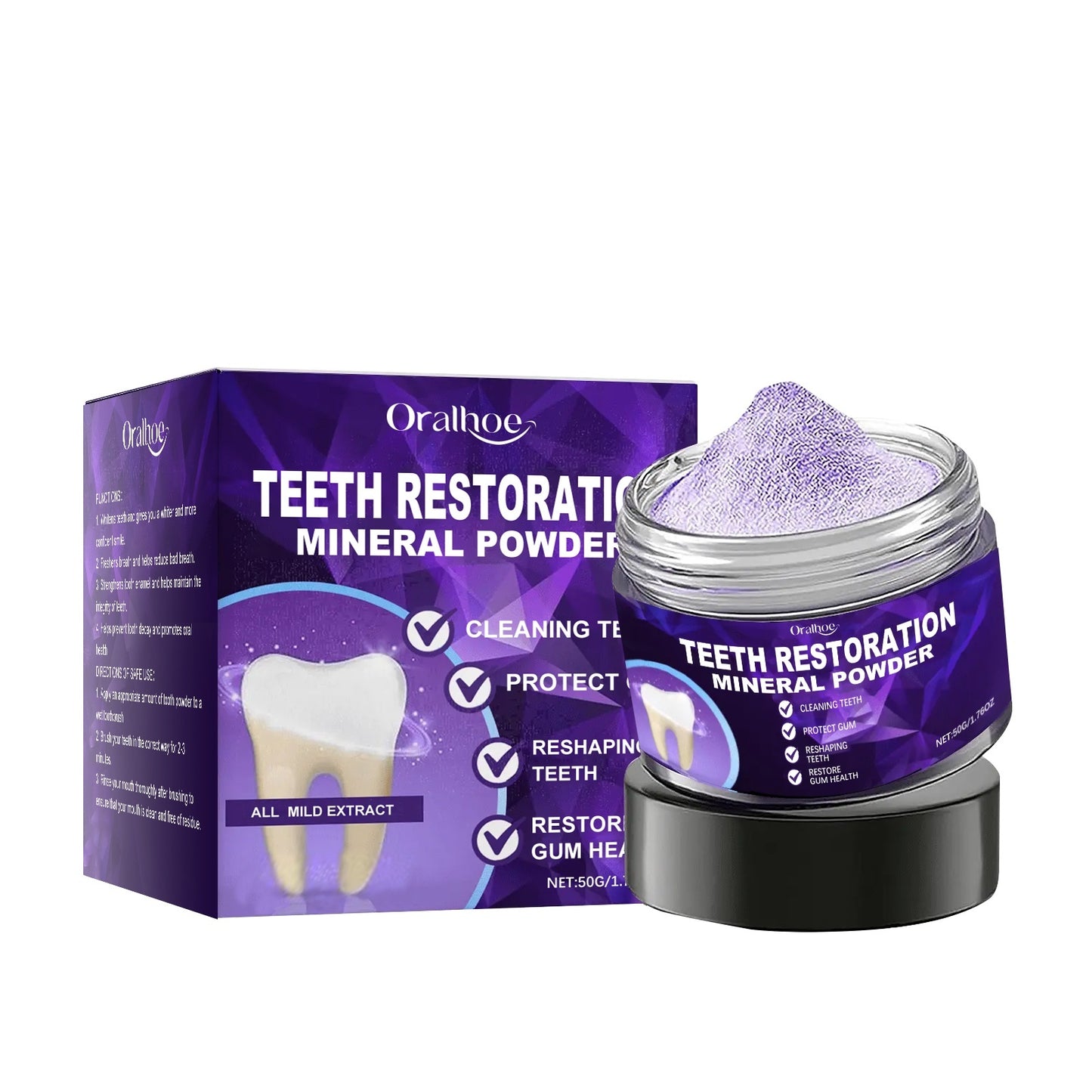 Oralhox Teeth Restoration Mineral Powder packaging with purple container and box on a white background