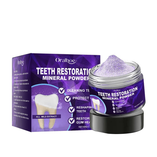 Oralhox Teeth Restoration Mineral Powder packaging with purple container and box on a white background