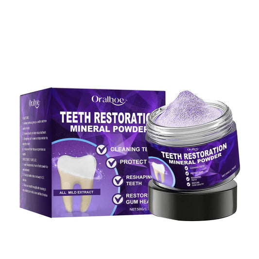 Oralhox Teeth Restoration Mineral Powder packaging with purple container and box on a white background