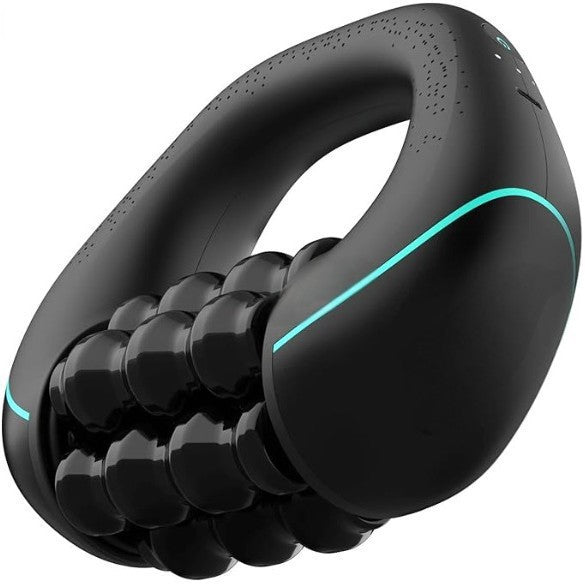 Black and teal ribbed ring on a white background