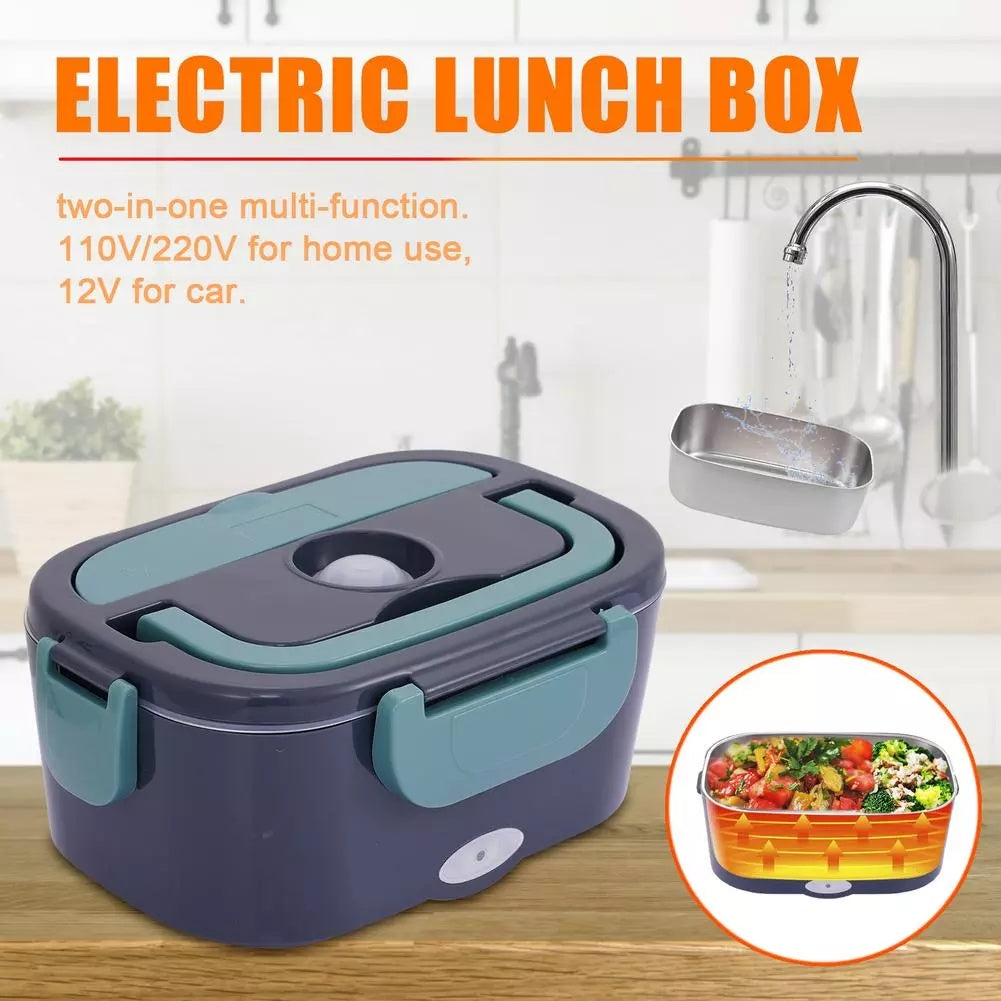 Electric lunch box with food illustration on a kitchen counter