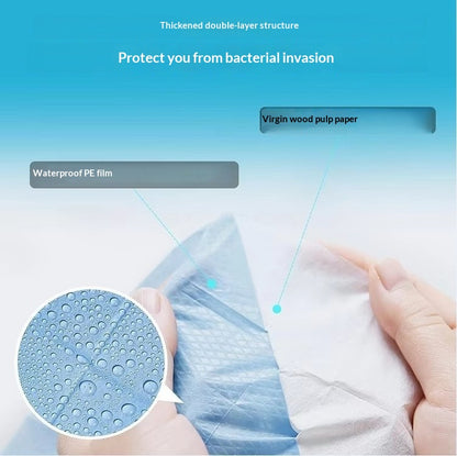 Product packaging with text on a blue background, showing layers of material and a close-up of water droplets.
