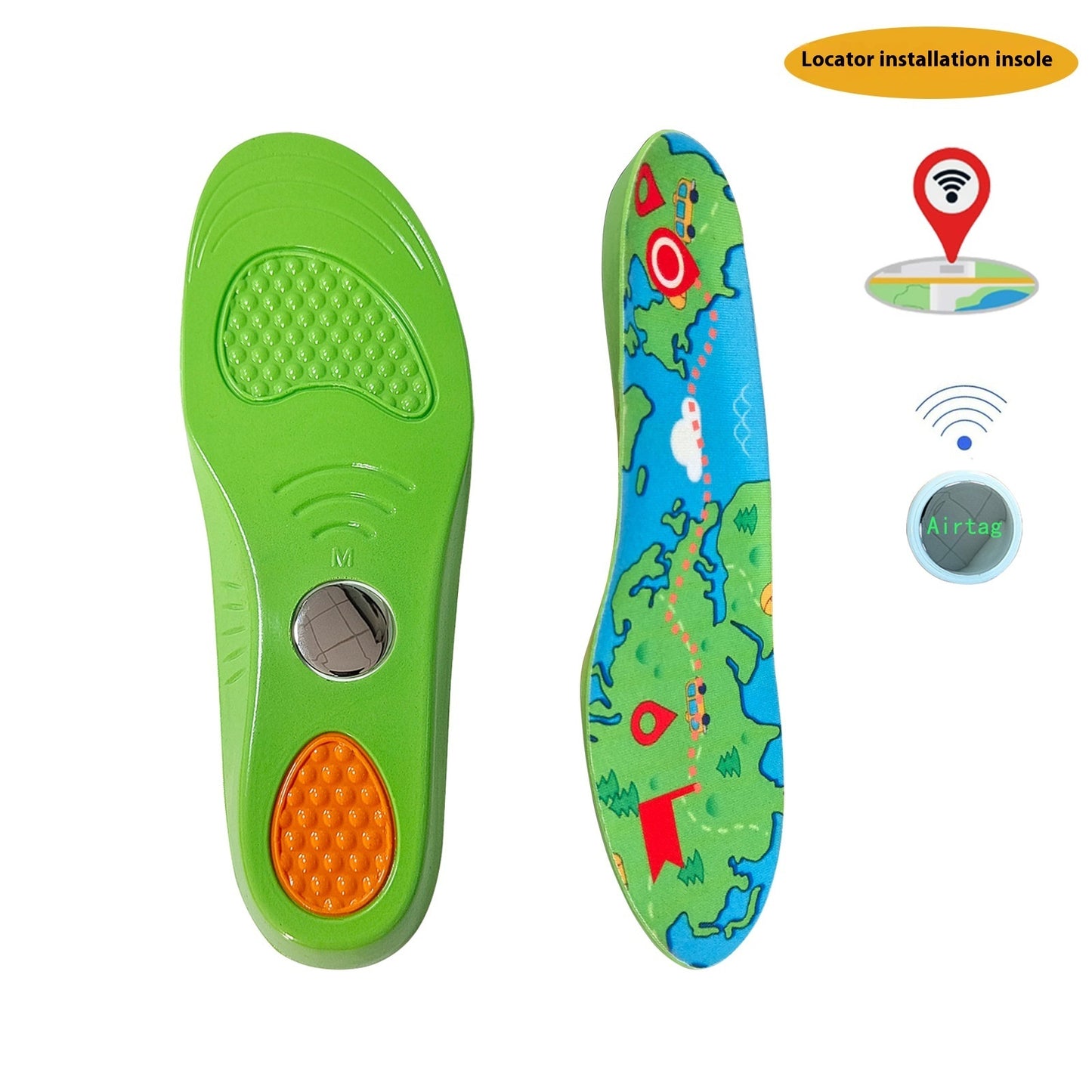 Colorful insole with map design and locator installation illustration on a white background