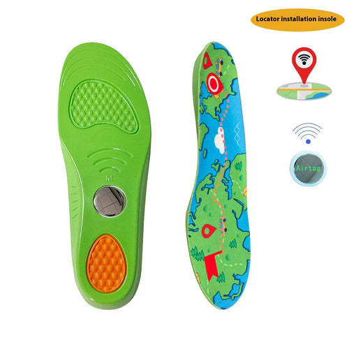 Colorful insole with map design and locator installation illustration on a white background