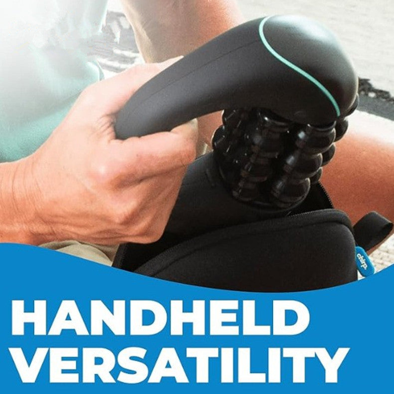 Handheld massage tool being used with text 'Handheld Versatility' on a blue background