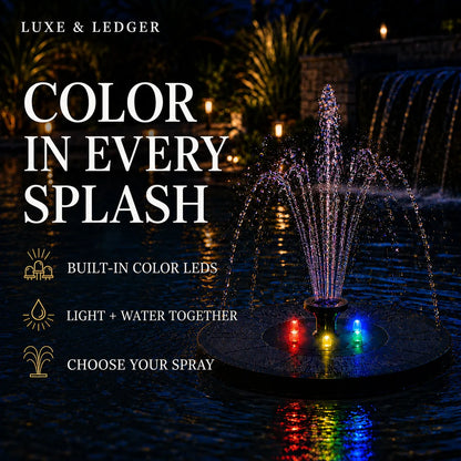 A floating fountain in a nighttime pool or pond with illuminated water jets spraying upward. Large overlaid text reads 'COLOR IN EVERY SPLASH' with smaller feature points about built-in color LEDs, light and water together, and choosing your spray.