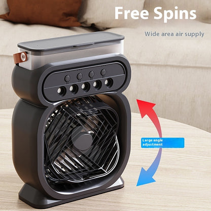 Portable fan with features highlighted on a neutral background