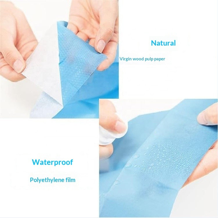 Hands holding and stretching a piece of blue paper with text indicating 'Natural' and 'Waterproof'.