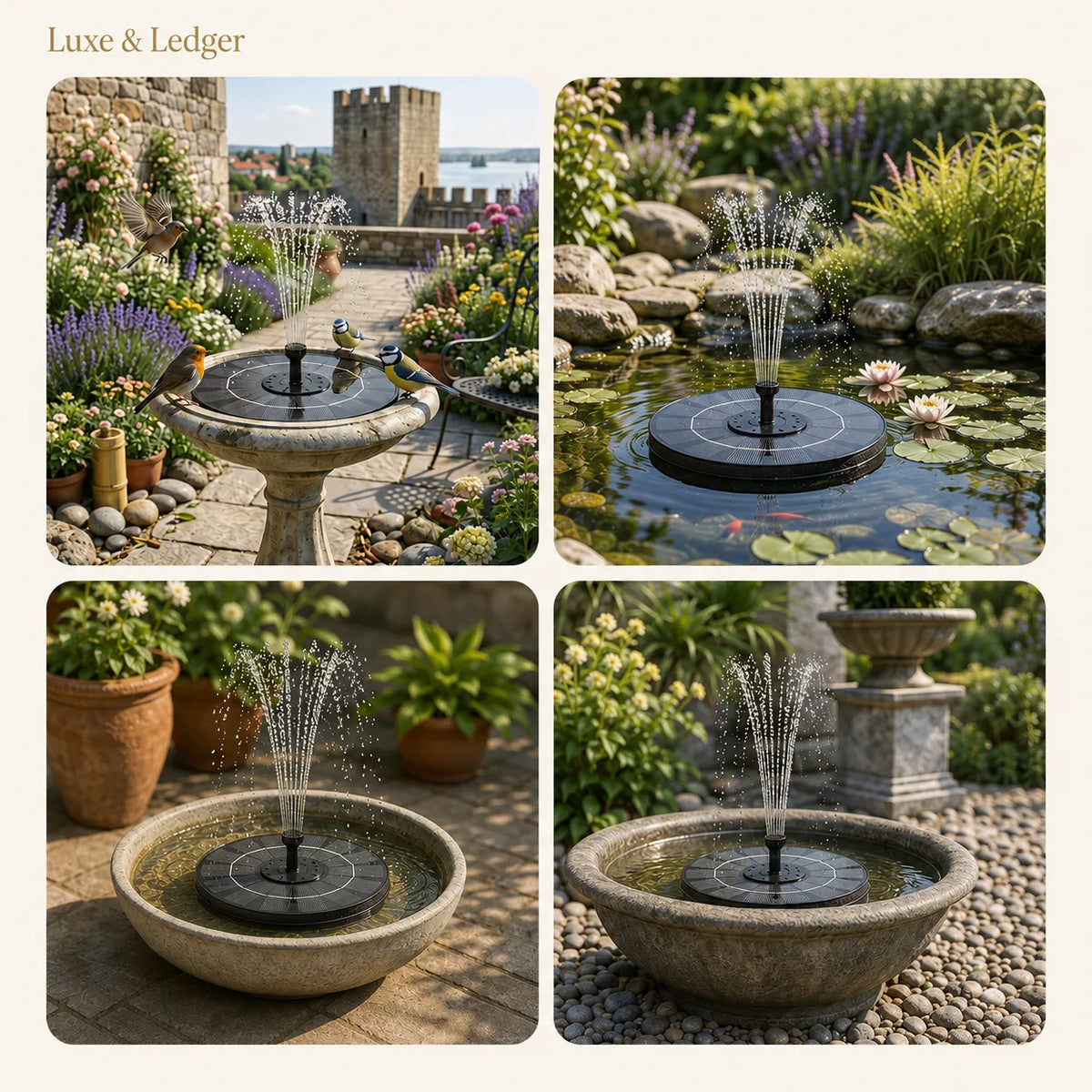 A four-panel collage showing a solar garden fountain in different outdoor settings: a stone bird bath, a pond with lily pads, a shallow stone basin, and a round stone planter. The panels include the text 'Luxe & Ledger' in the top left.