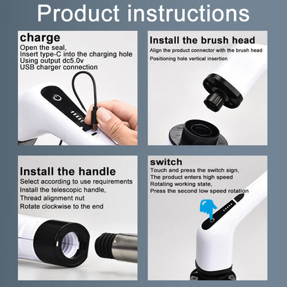 Step-by-step product instructions for charging, installing brush head, handling, and switching a device.
