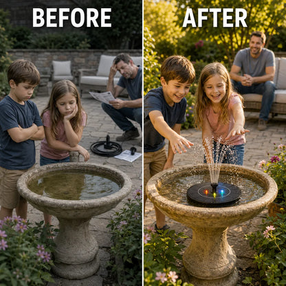 Side-by-side before and after demonstration of a solar fountain in a backyard patio setting. On the left ('BEFORE'), children and a man observe a still pool of water in a stone birdbath.