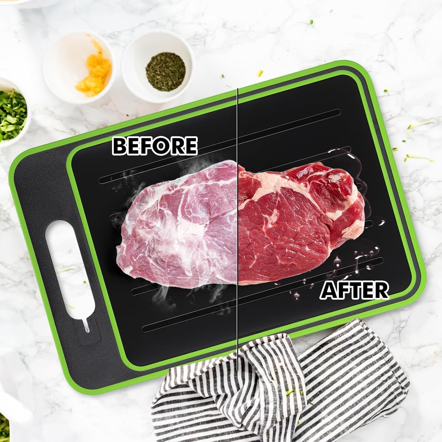Before and after comparison of a steak on a cutting board with a towel underneath.