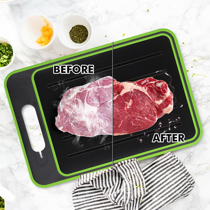 Before and after comparison of a steak on a cutting board with a towel underneath.