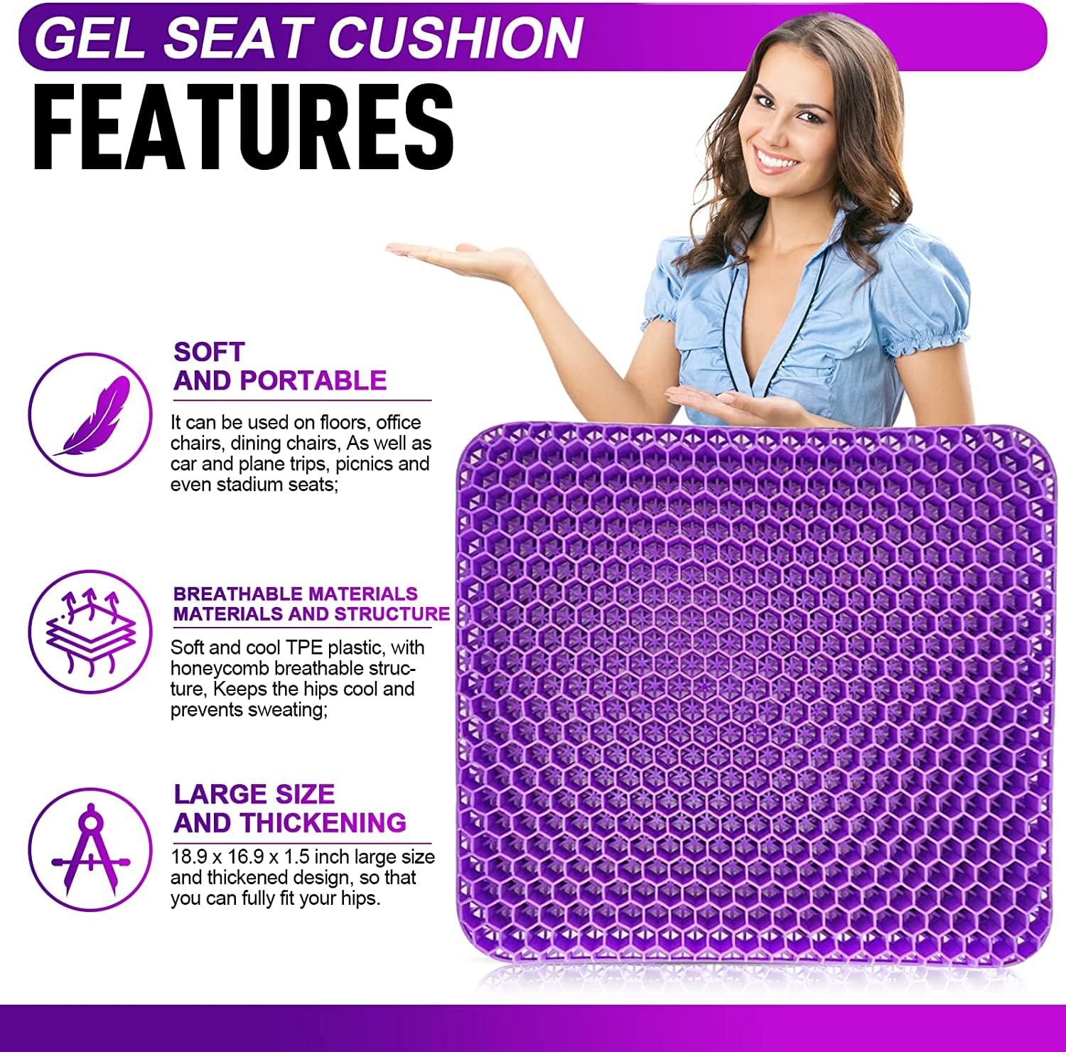 Purple gel seat cushion with features listed and a woman holding it, on a purple background.