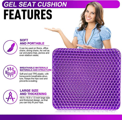 Purple gel seat cushion with features listed and a woman holding it, on a purple background.