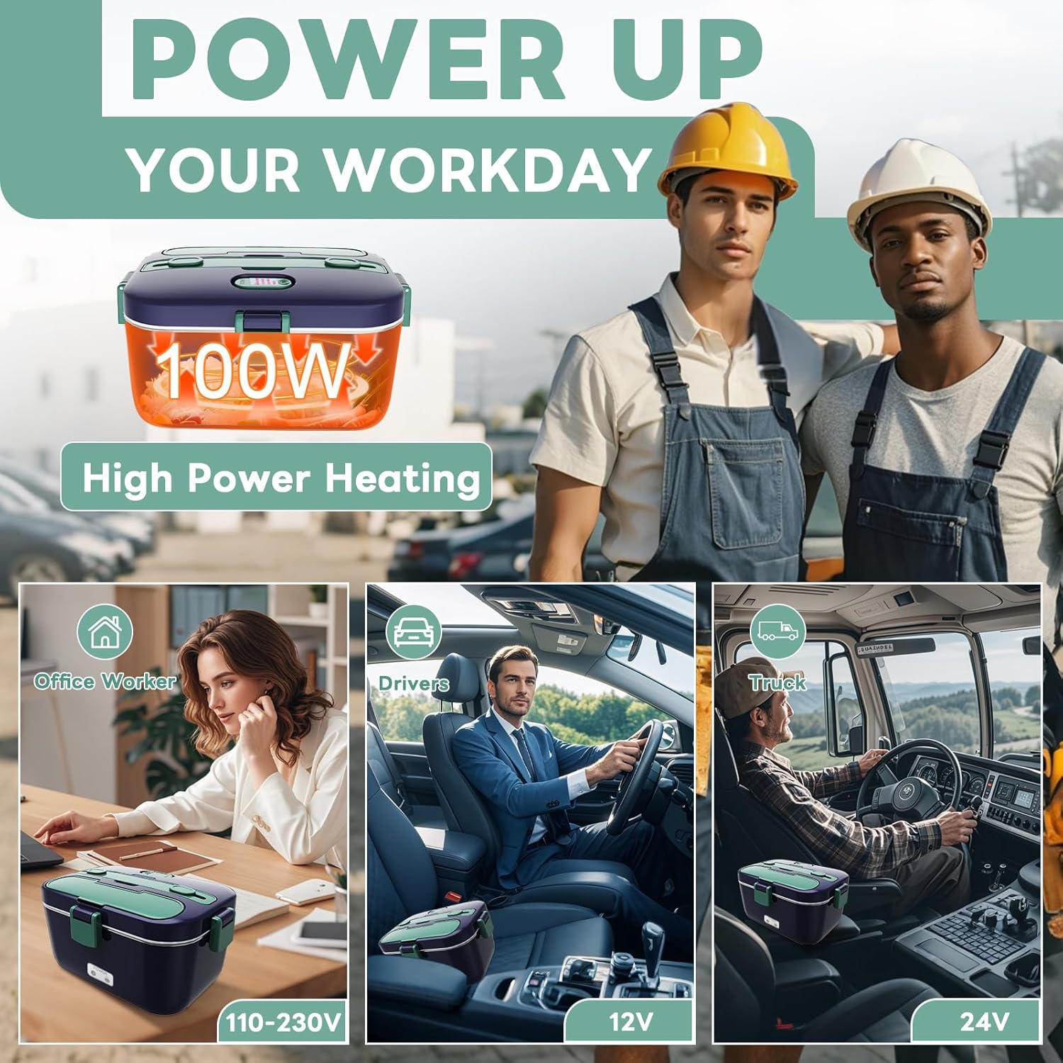 Two individuals in work attire with a product labeled '100W High Power Heating' and scenes of people using the product in various settings.