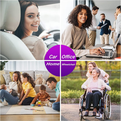 Collage of four scenes: a woman in a car, a woman at a desk, a family on a couch, and a woman pushing an elderly woman in a wheelchair.