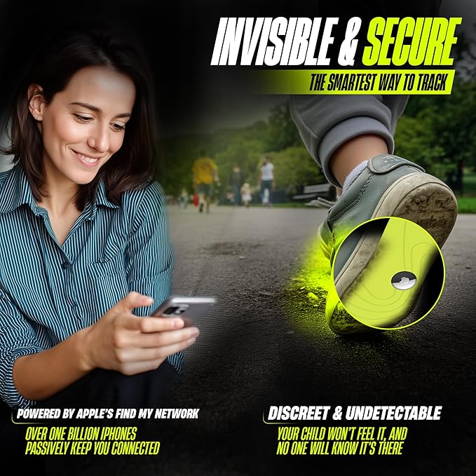 Woman using a phone with a shoe featuring a glowing sole, promoting a tracking solution.