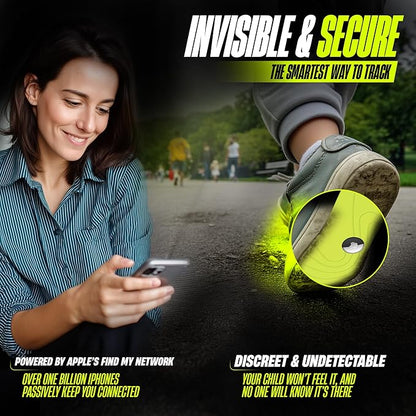 Woman using a phone with a shoe featuring a glowing sole, promoting a tracking solution.