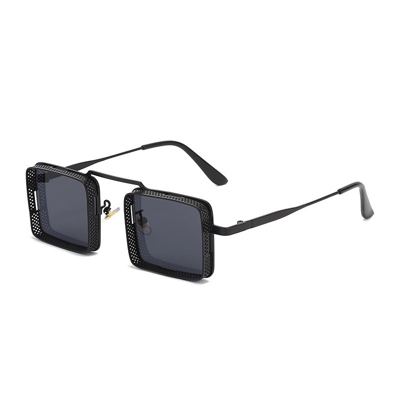 Black square sunglasses with a textured frame on a white background
