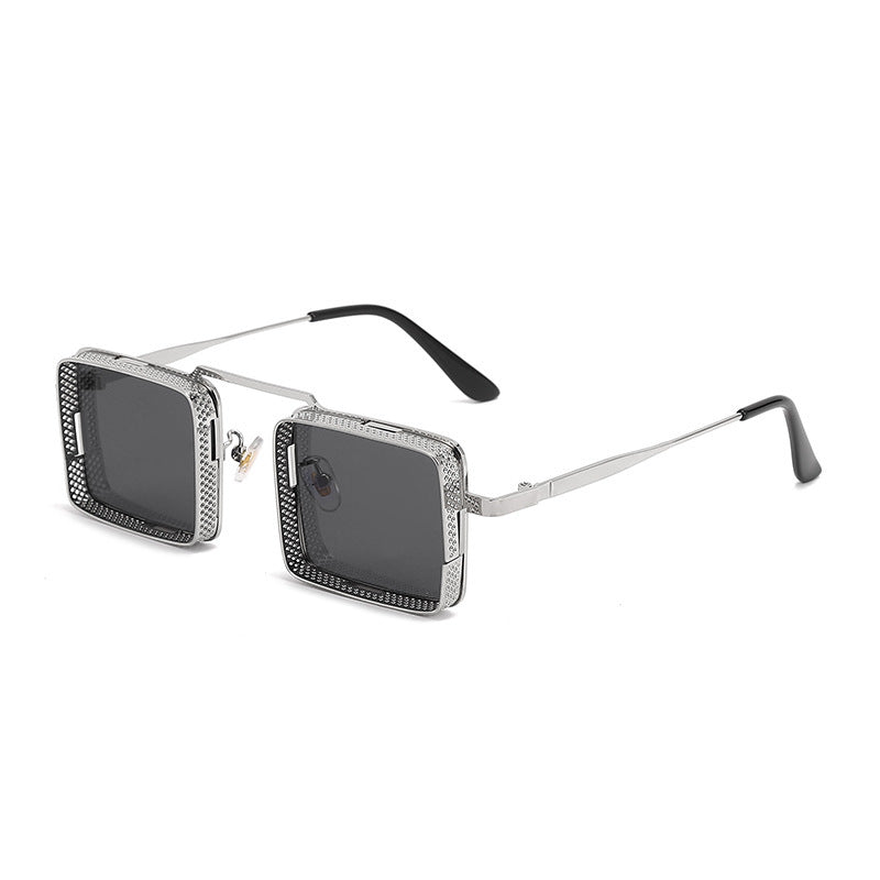 Sunglasses with square frame and dark lenses on a white background