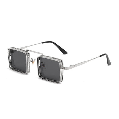 Sunglasses with square frame and dark lenses on a white background