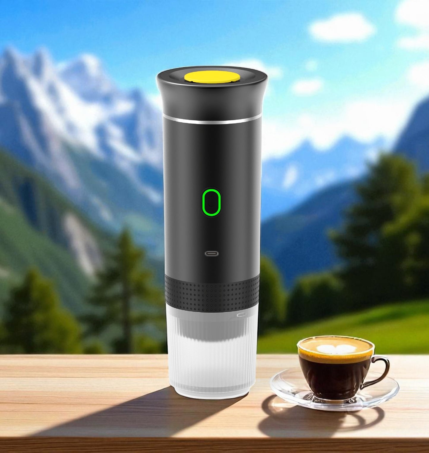 Black and yellow coffee maker on a wooden surface with a scenic mountain background