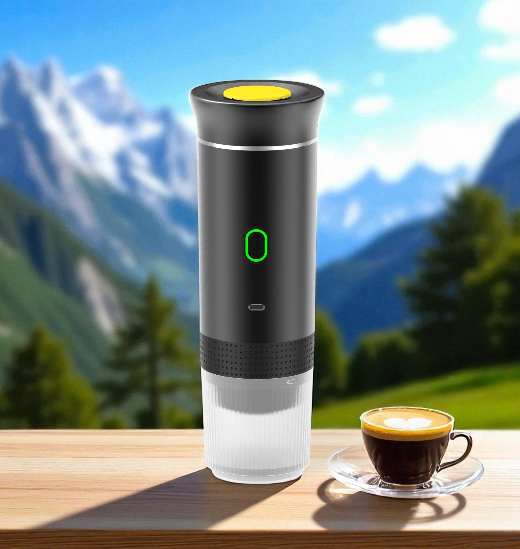 Black and yellow coffee maker on a wooden surface with a scenic mountain background