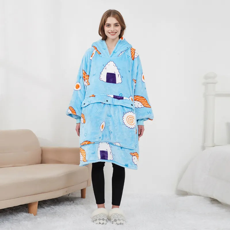 Person wearing a blue cartoon-themed robe in a living room setting