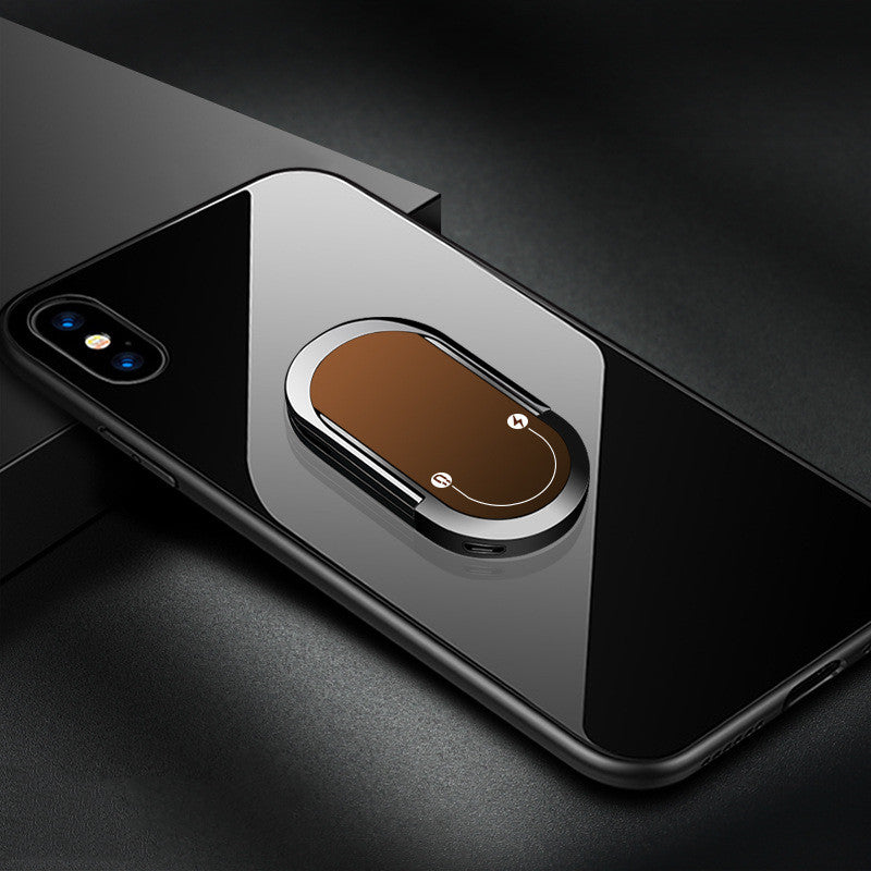 Phone case with a brown circular design on a black phone