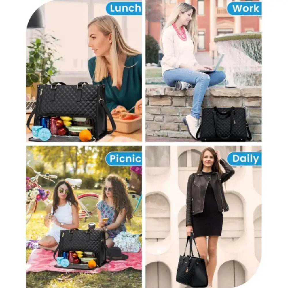 Collage of a woman using a black handbag for lunch, work, picnic, and daily activities.