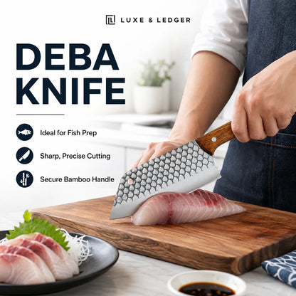 A person in a white shirt and dark apron holds a Luxe & Ledger deba knife with a hammered silver blade and bamboo handle over a wooden cutting board, slicing a piece of raw fish. Text on the left reads 'DEBA KNIFE' with features listed below, and a plate of sliced fish and a small dish of sauce are visible.