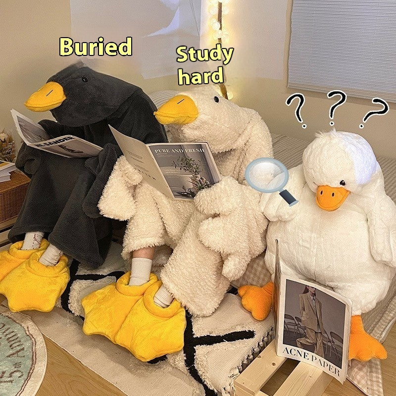 Three cartoon ducks with text and question marks in a room setting.