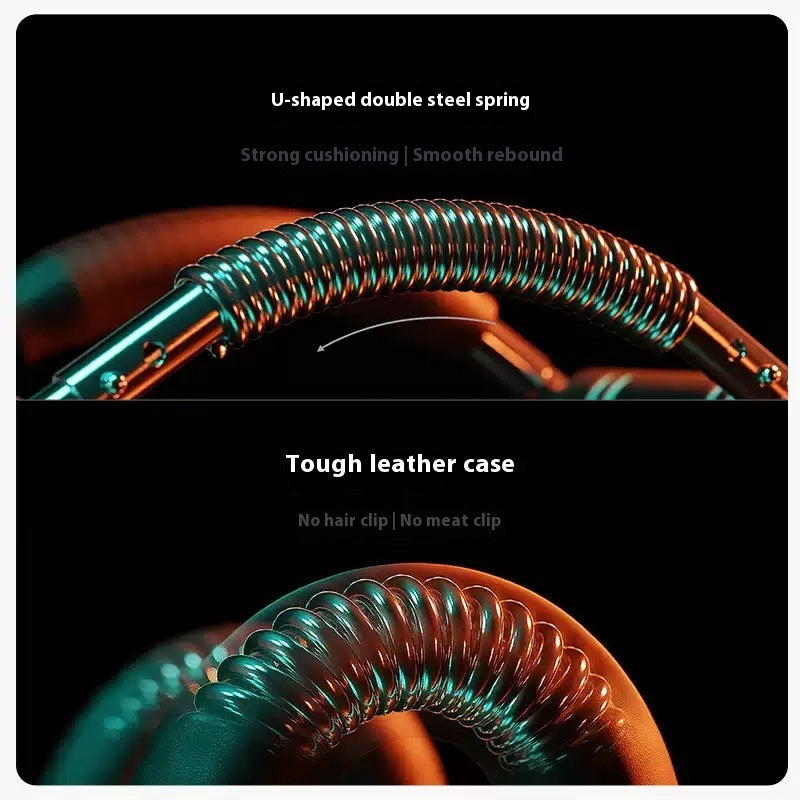 Close-up of a U-shaped double steel spring with text describing its features on a black background.