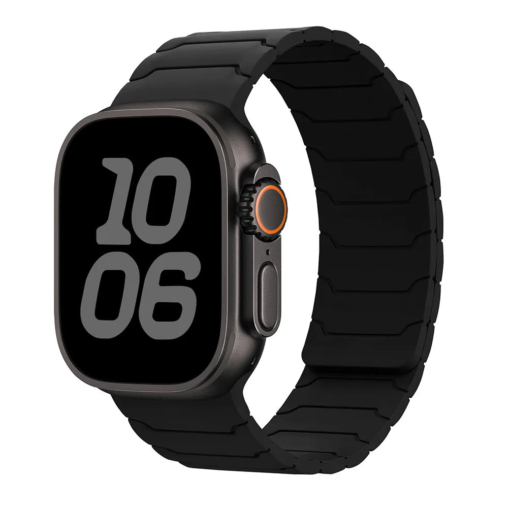 Black smartwatch with a textured black band on a white background