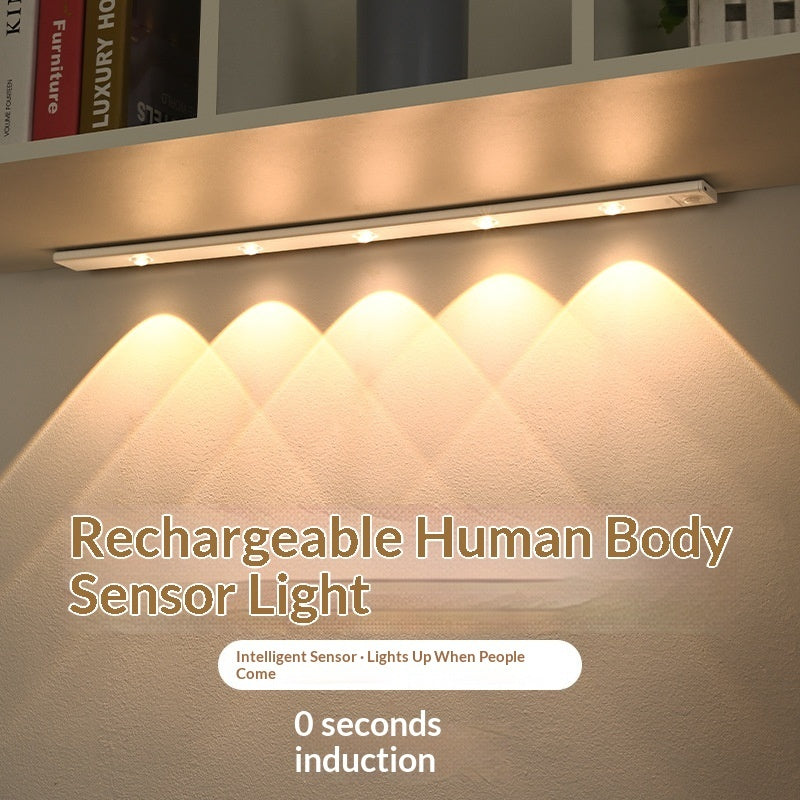 Rechargeable human body sensor light on a wall with text indicating its features.